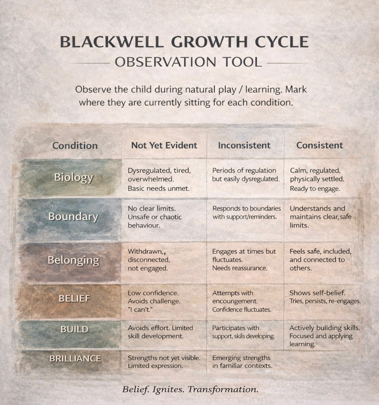 The Growth Cycle observation tool with written descriptors for each stage