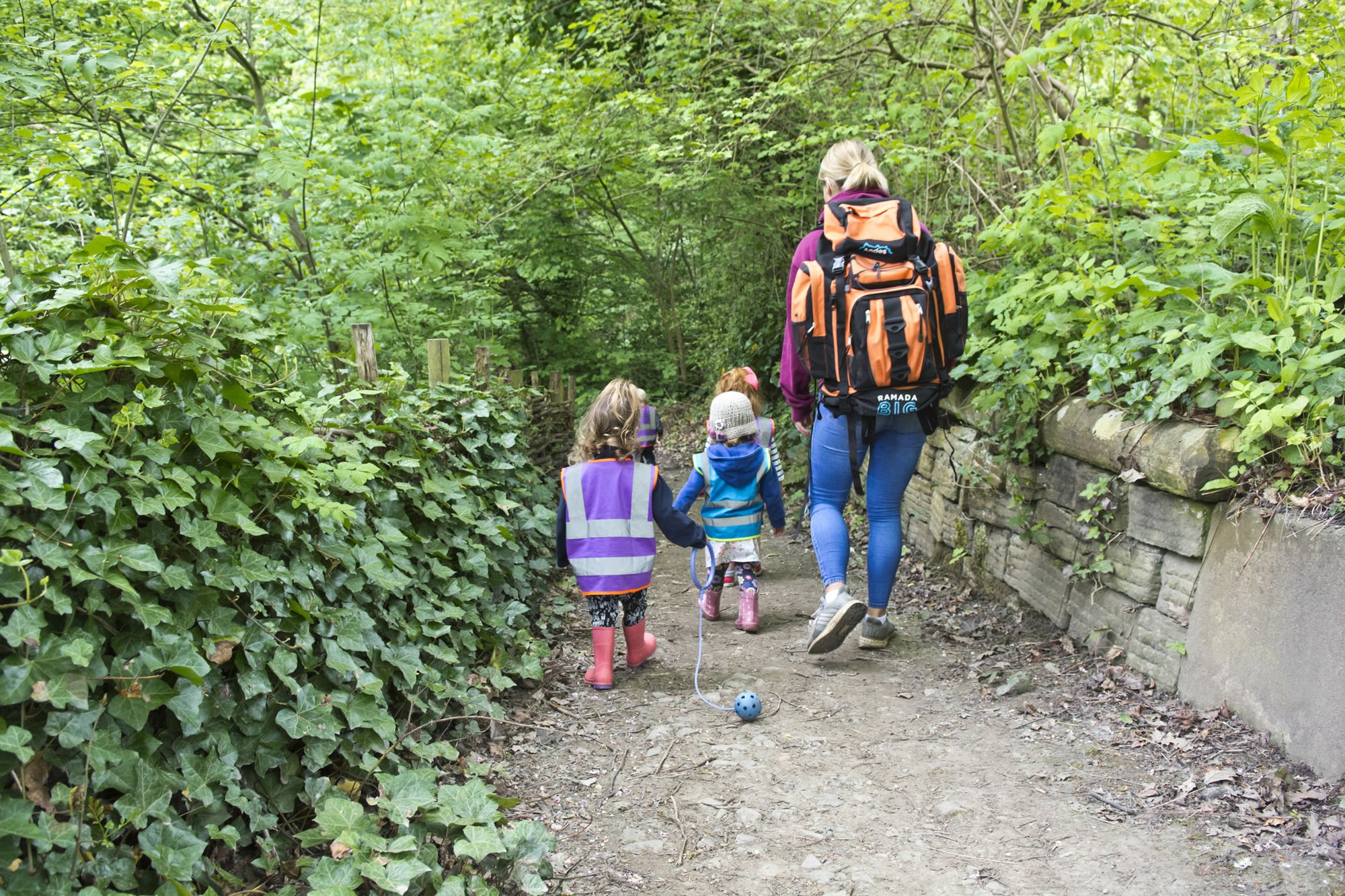 Two small children walking a woodland path ahead of an adult, seen from behind