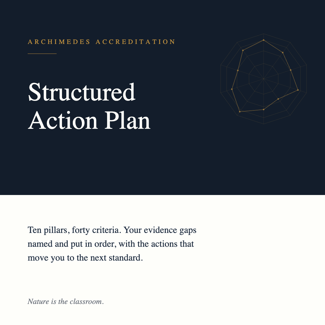 Structured Action Plan. Ten pillars, forty criteria, with the actions that move you to the next standard.